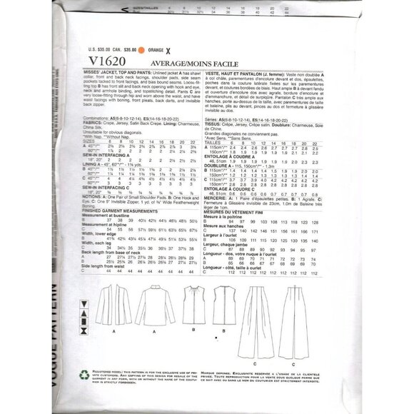 Vogue V1620 Misses 6 to 14 Tom and Linda Platt Pants Suit Uncut Sewing Pattern - Picture 2 of 2